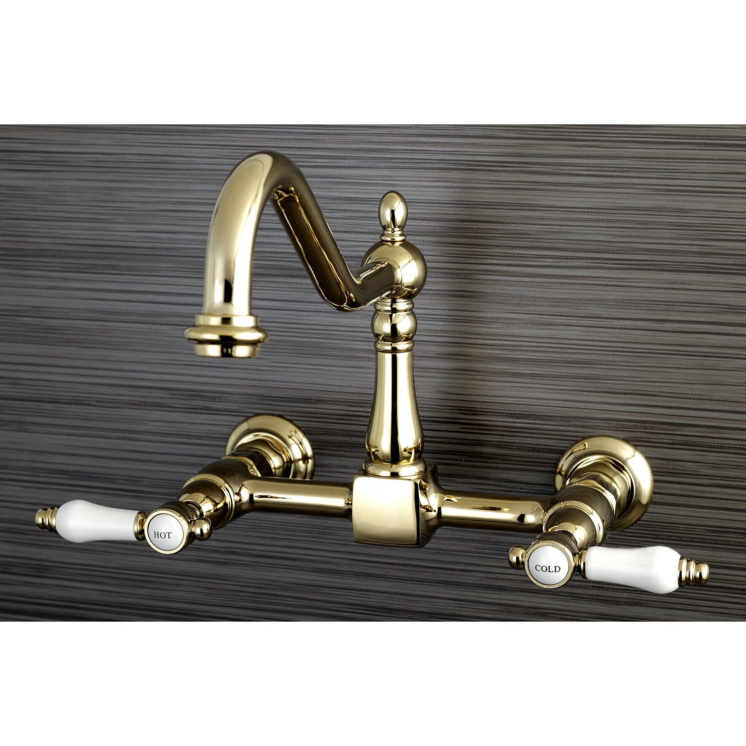 Kingston Heirloom KS1242BPL - Bel-Air Two-Handle Wall Mount Bridge Kitchen Faucet, Polished Brass — thumbnail 2